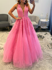 Pink Lace Appliqué Deep V-Neck Tulle Long Prom Dress