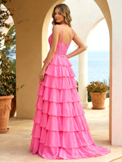 Pink Lace Corset Tiered Ruffle Long Prom Dress
