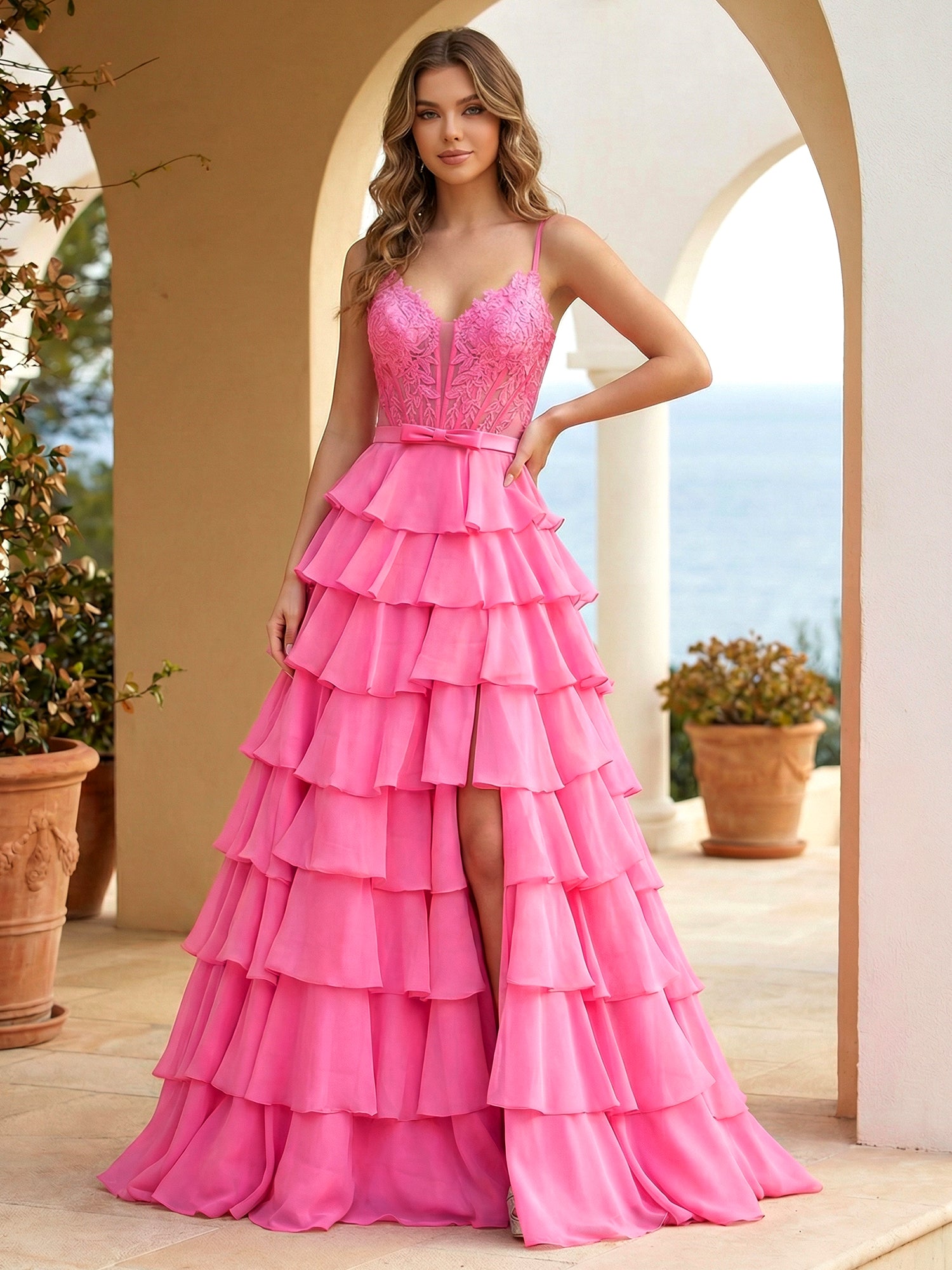 Pink Lace Corset Tiered Ruffle Long Prom Dress