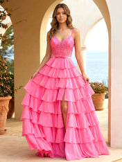 Pink Lace Corset Tiered Ruffle Long Prom Dress