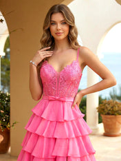 Pink Lace Corset Tiered Ruffle Long Prom Dress