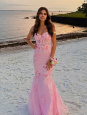 Pink Mermaid Sweetheart Beaded Flower Prom Dress