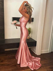 Pink Mermaid V Neck Sleeveless Long Satin Prom Dress