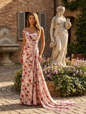 Pink Rose Print One Shoulder Draped Satin Long Prom Dress with Slit