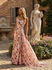 Pink Rose Print One Shoulder Draped Satin Long Prom Dress with Slit