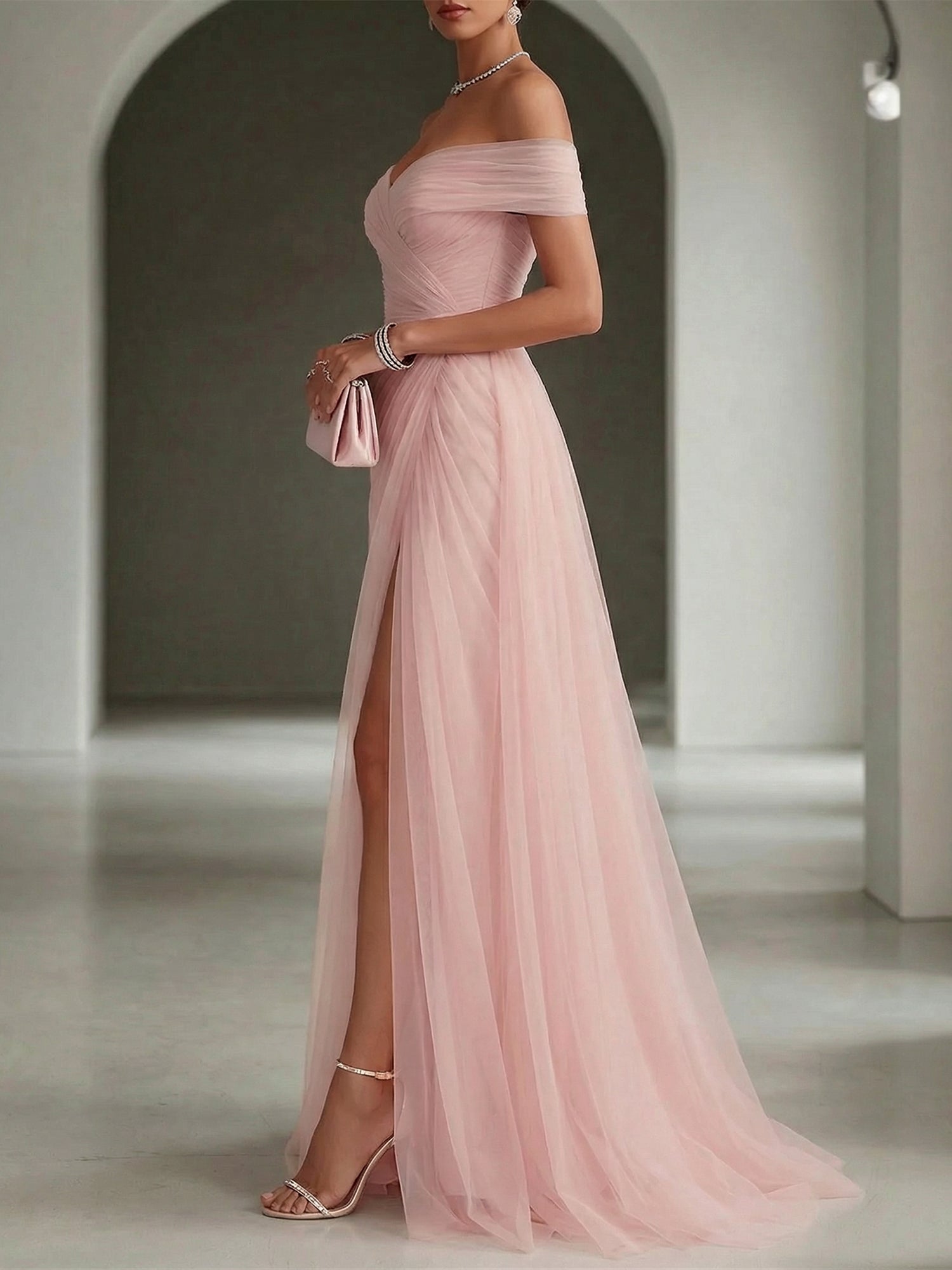 PinkRuchedSlitTulleOfftheShoulderSleevelessSheathGownDress_1.jpg