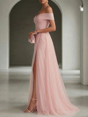 Blush Ruched Slit Tulle Off the Shoulder Sleeveless Sheath Gown Dress