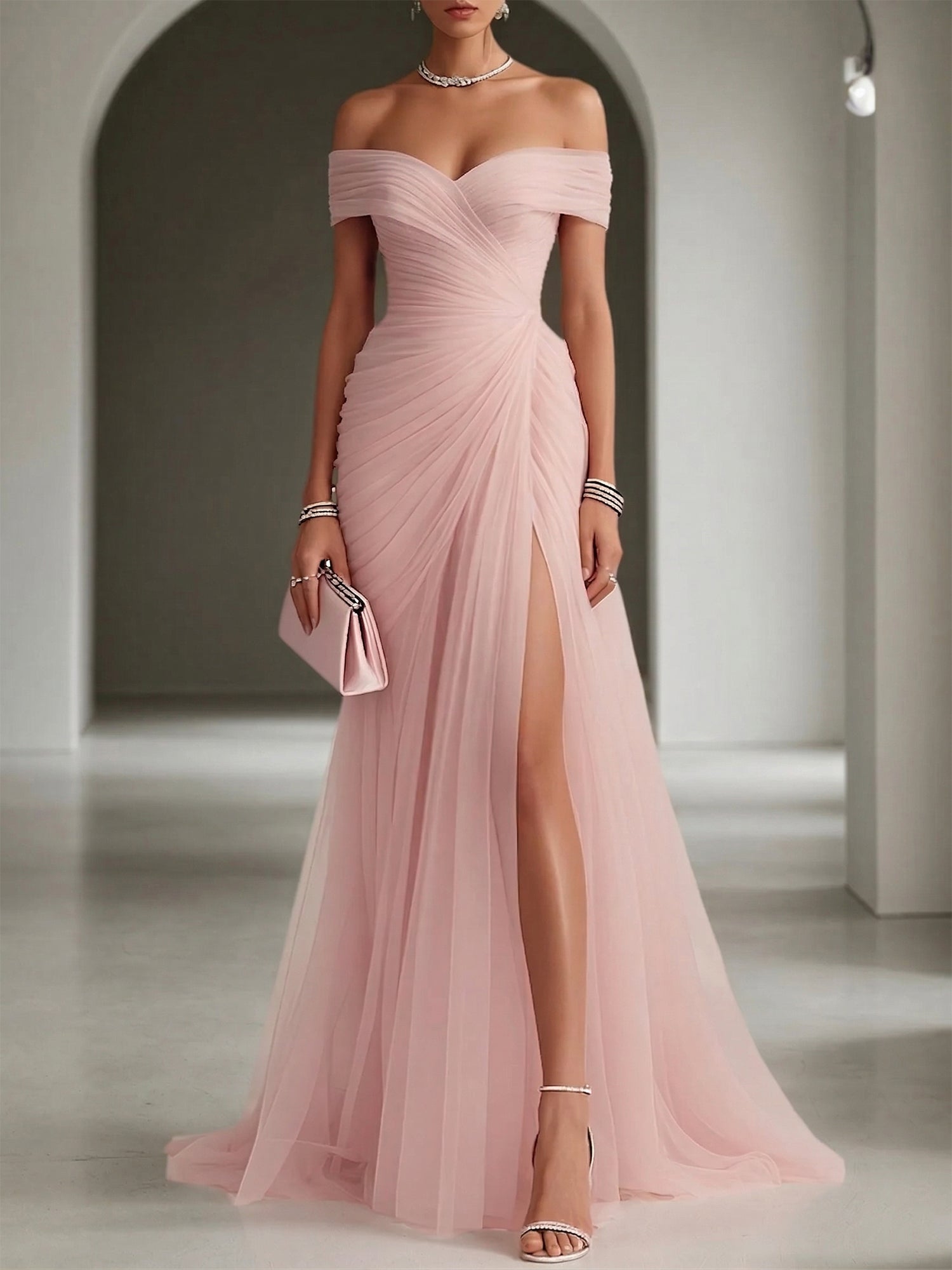 PinkRuchedSlitTulleOfftheShoulderSleevelessSheathGownDress_2.jpg