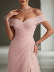 Blush Ruched Slit Tulle Off the Shoulder Sleeveless Sheath Gown Dress