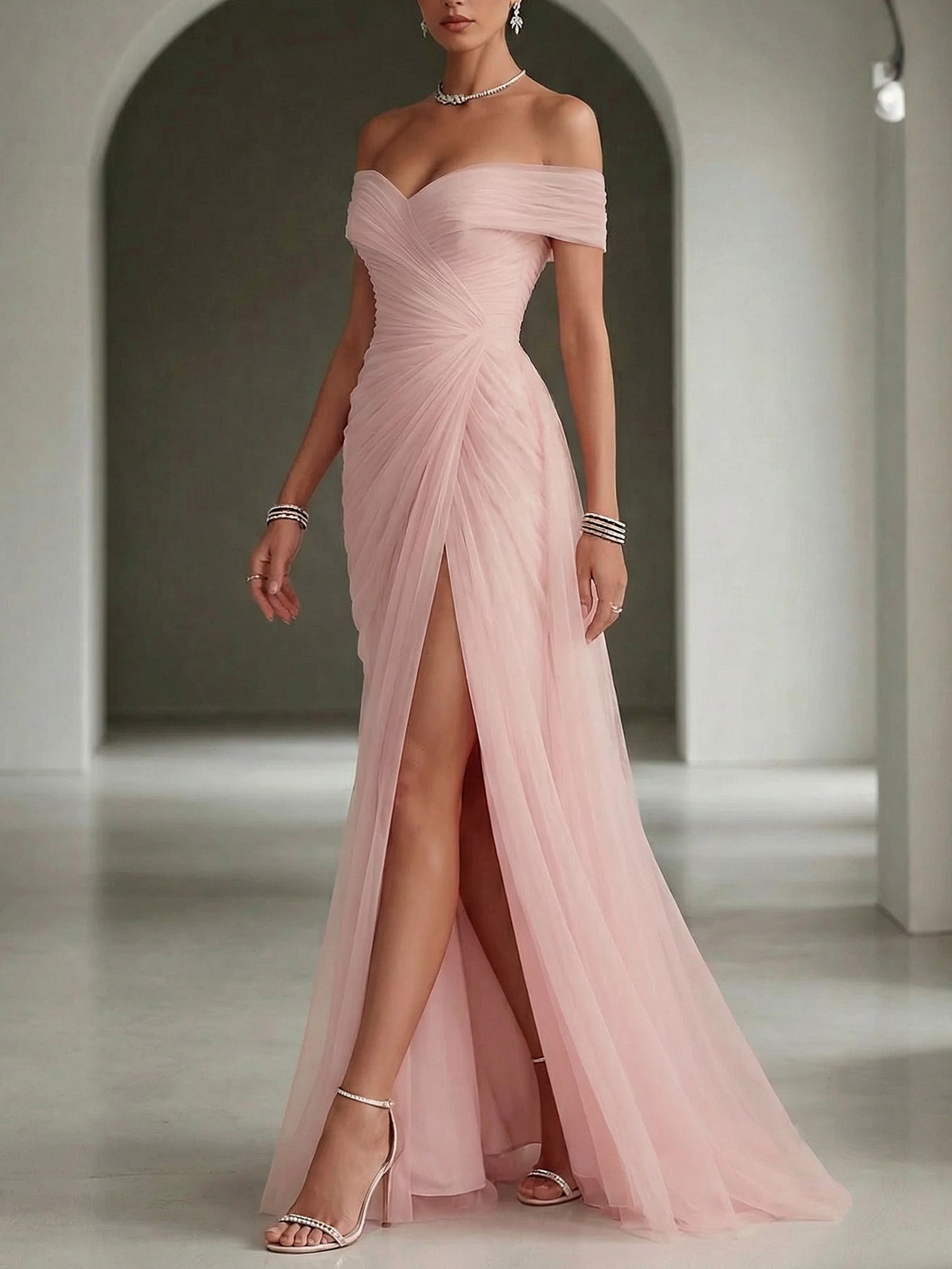 PinkRuchedSlitTulleOfftheShoulderSleevelessSheathGownDress_4.jpg