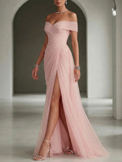 Blush Ruched Slit Tulle Off the Shoulder Sleeveless Sheath Gown Dress