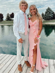 Pink Ruffled V-Neck Prom Dress with High Slit