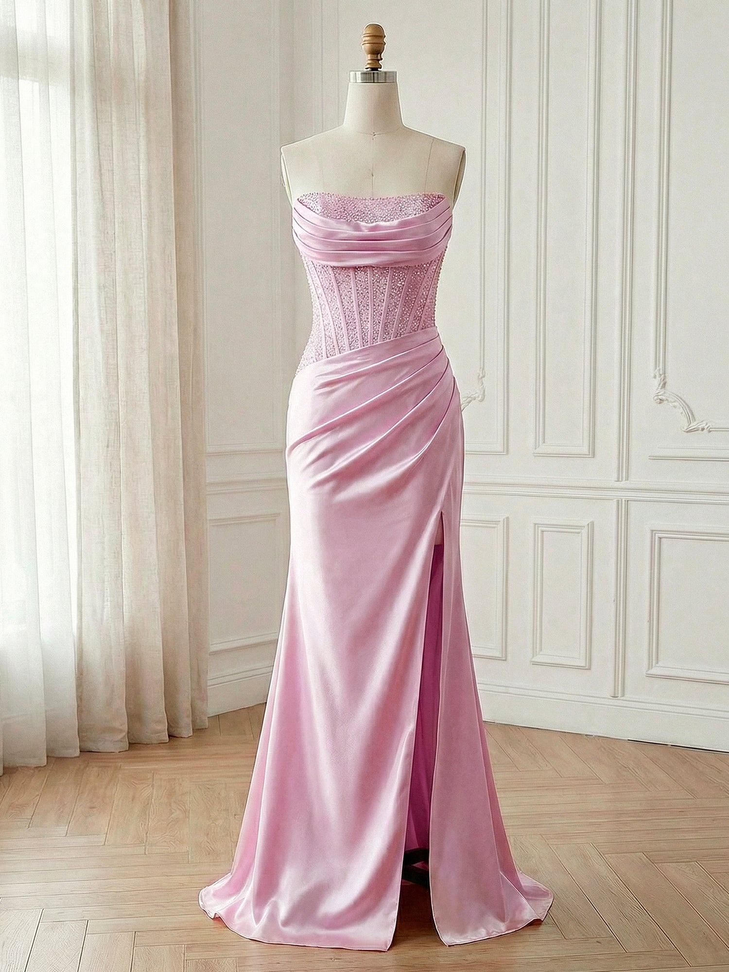 Pink Satin Corset Prom Dress with Draped Neckline