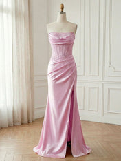 Pink Satin Corset Prom Dress with Draped Neckline