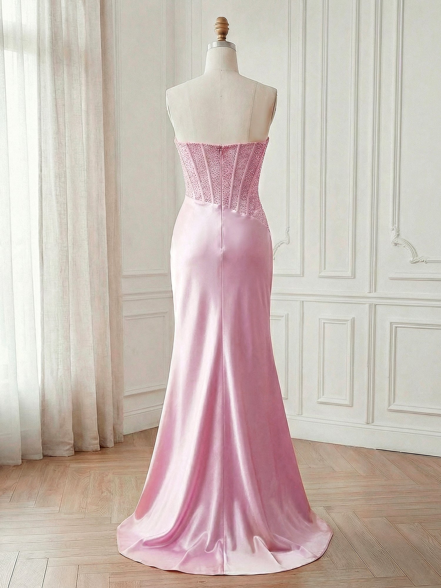 Pink Satin Corset Prom Dress with Draped Neckline