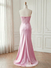 Pink Satin Corset Prom Dress with Draped Neckline