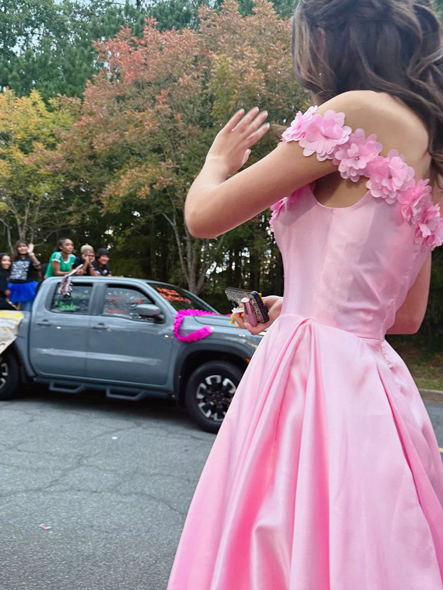 Pink Satin Off-the-Shoulder Prom Dress with 3D Floral Appliqué Neckline