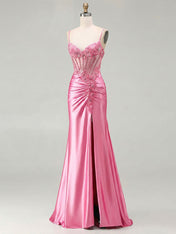 Pink Satin Spaghetti Strap Beaded Sheer Corset Prom Dress with Ruched Slit