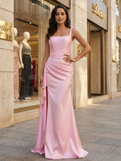 Pink Satin Square Neck Draped Long Prom Dress with Slit