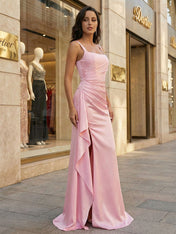 Pink Satin Square Neck Draped Long Prom Dress with Slit