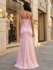 Pink Satin Square Neck Draped Long Prom Dress with Slit