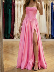 Pink Satin Strapless Long Corset Prom Dress with Slit