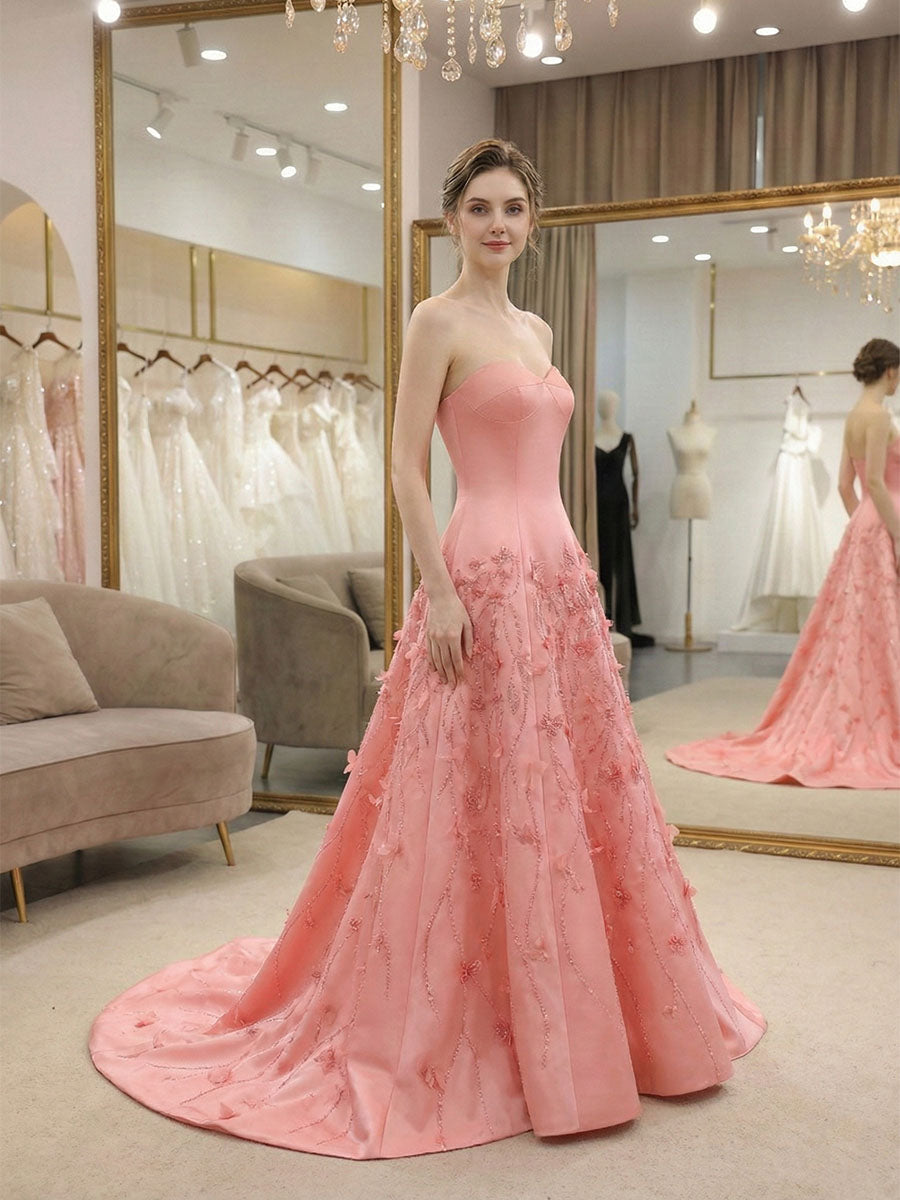 Pink Satin Strapless Long Prom Dress with Floral Vines