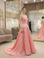 Pink Satin Strapless Long Prom Dress with Floral Vines