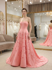 Pink Satin Strapless Long Prom Dress with Floral Vines