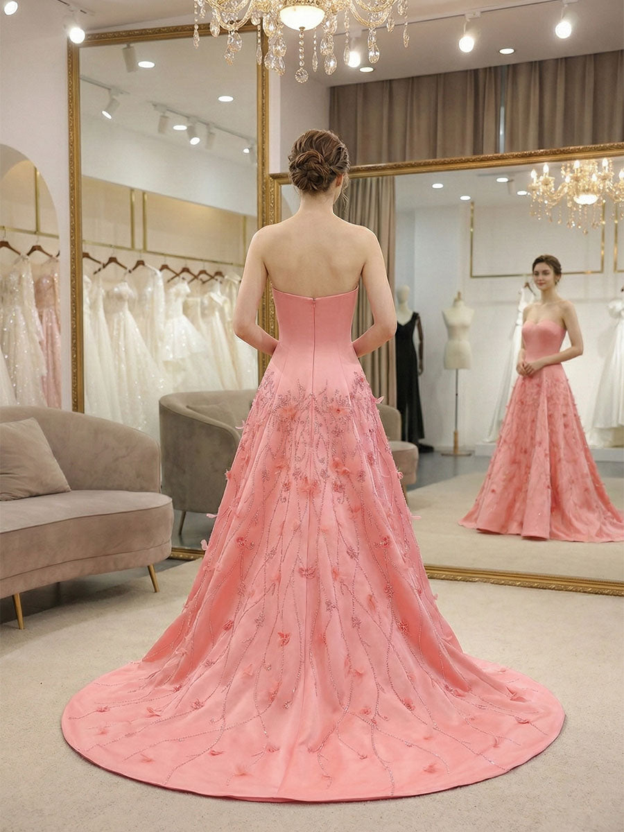 Pink Satin Strapless Long Prom Dress with Floral Vines