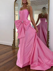 Pink Satin Strapless Pearl Neckline Corset Prom Dress with Bow