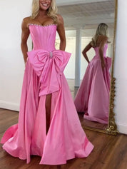 Pink Satin Strapless Pearl Neckline Corset Prom Dress with Bow