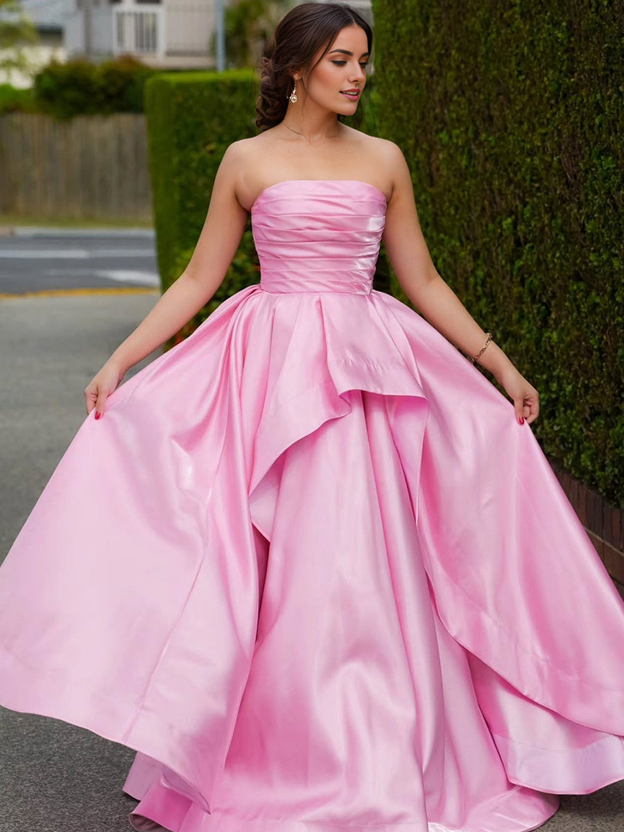 Pink Satin Strapless Ruched Bodice Asymmetrical Tiered Prom Dress