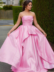 Pink Satin Strapless Ruched Bodice Asymmetrical Tiered Prom Dress