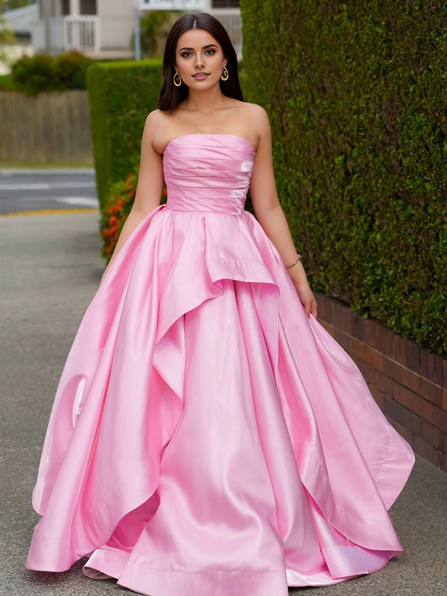 Pink Satin Strapless Ruched Bodice Asymmetrical Tiered Prom Dress