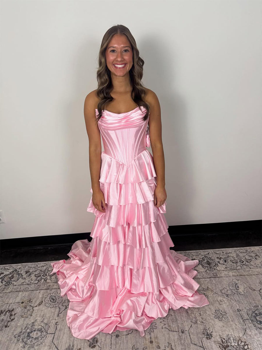 Pink Satin Strapless Tiered Ruffles Corset Prom Dress with Basque Waist
