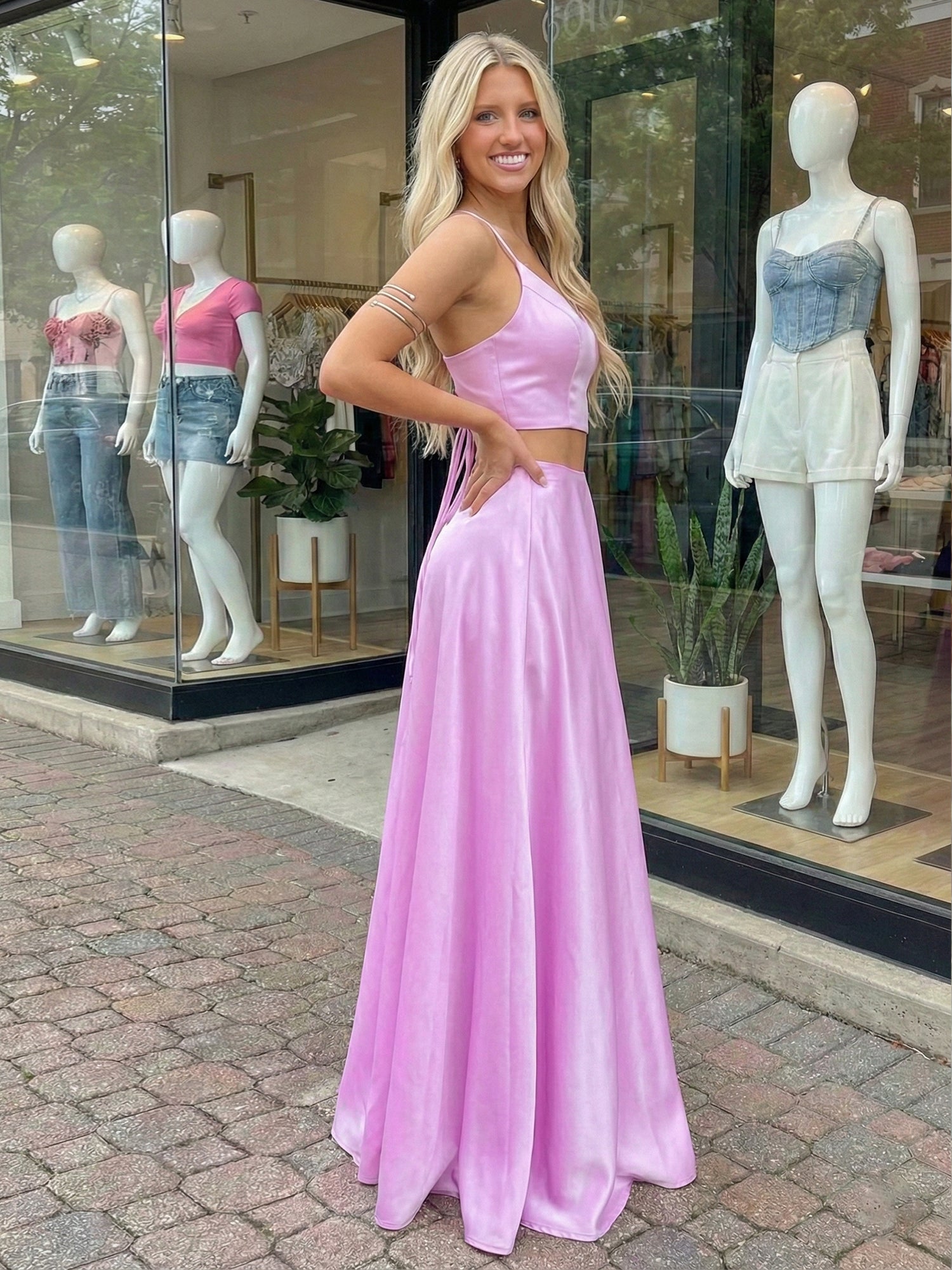 Pink Satin Two-Piece A-Line Prom Dress