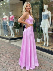 Pink Satin Two-Piece A-Line Prom Dress