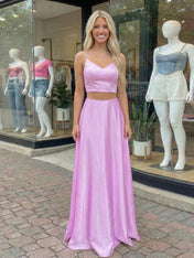 Pink Satin Two-Piece A-Line Prom Dress