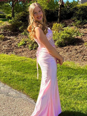 Pink Shimmer Sheer Crystal Embellished Corset Prom Dress with Slit