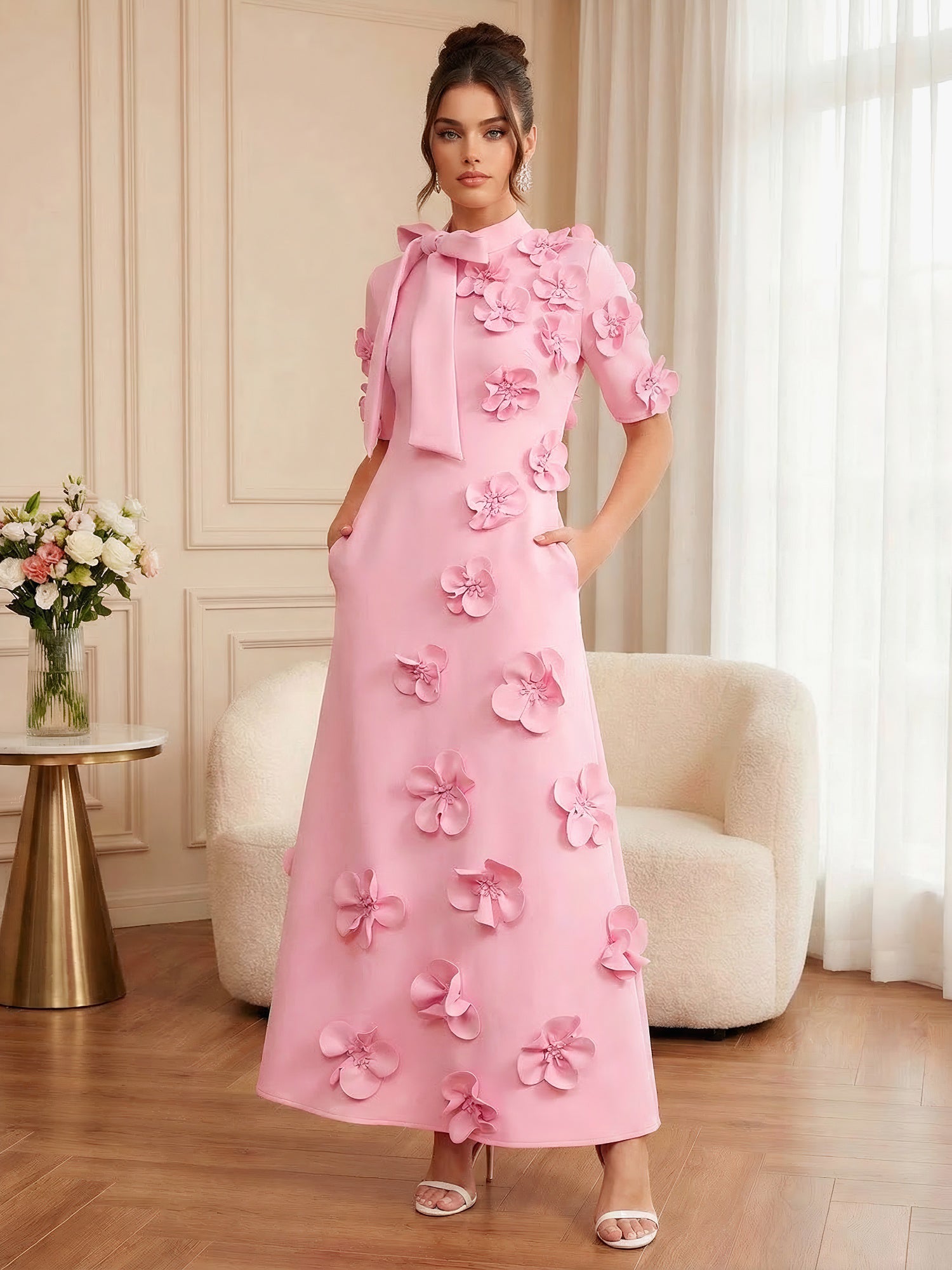 Dreamylily Women Romantic Pink Sleeveless 3D Floral Mermaid Gown Maxi Dress