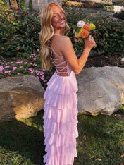 Pink Spaghetti Straps Ruffles Chiffon Long Prom Dress with Slit