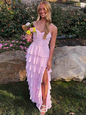 Pink Spaghetti Straps Ruffles Chiffon Long Prom Dress with Slit
