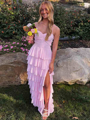 Pink Spaghetti Straps Ruffles Chiffon Long Prom Dress with Slit