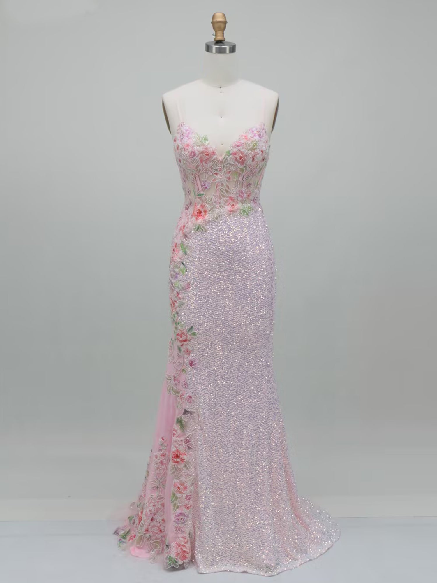 Pink Spaghetti Straps Sequin Floral Applique Long Prom Dress
