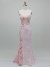 Pink Spaghetti Straps Sequin Floral Applique Long Prom Dress