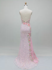 Pink Spaghetti Straps Sequin Floral Applique Long Prom Dress