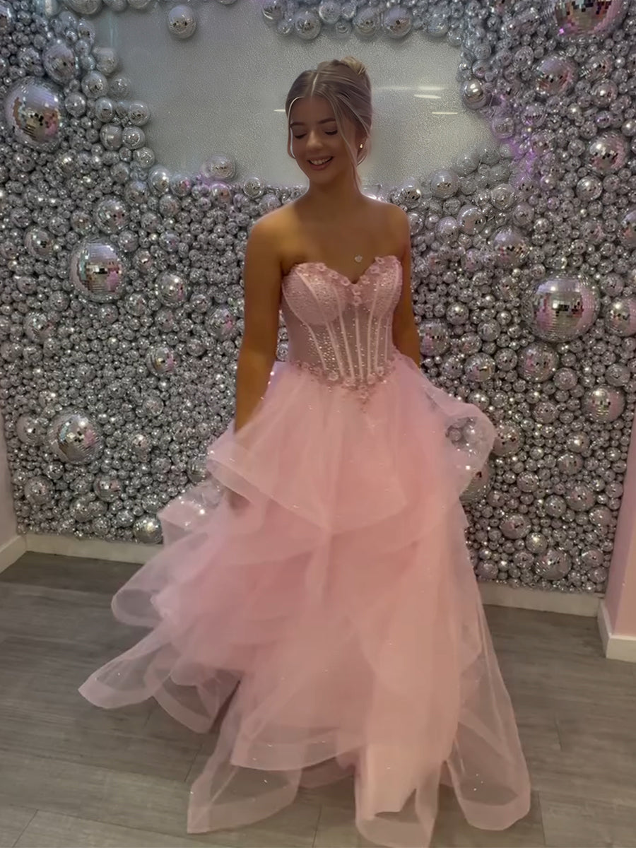 Pink Sparkly Tulle Corset Bodice Prom Dress with Ruffled Skirt
