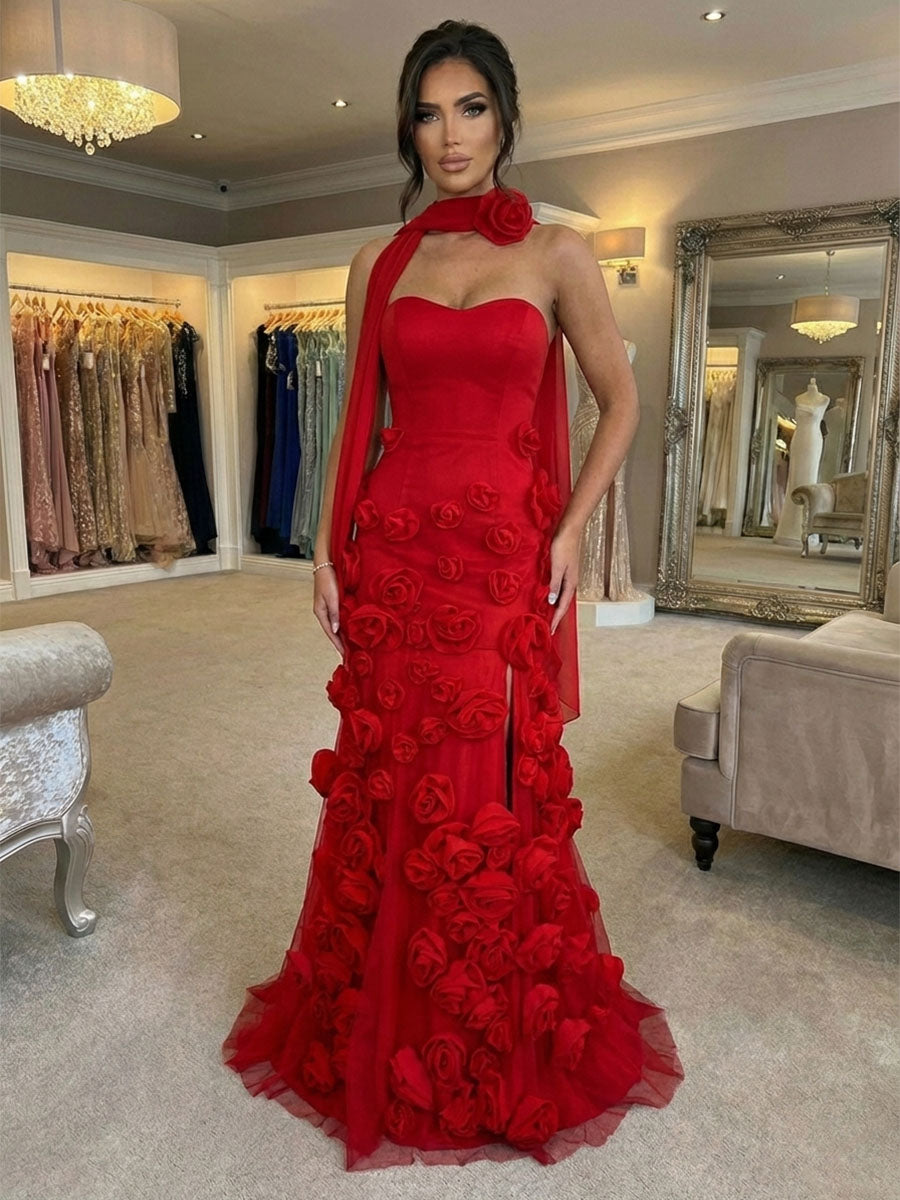 Pink Strapless 3D Rosette Long Prom Dress with Slit