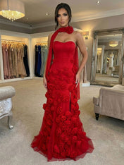 Pink Strapless 3D Rosette Long Prom Dress with Slit